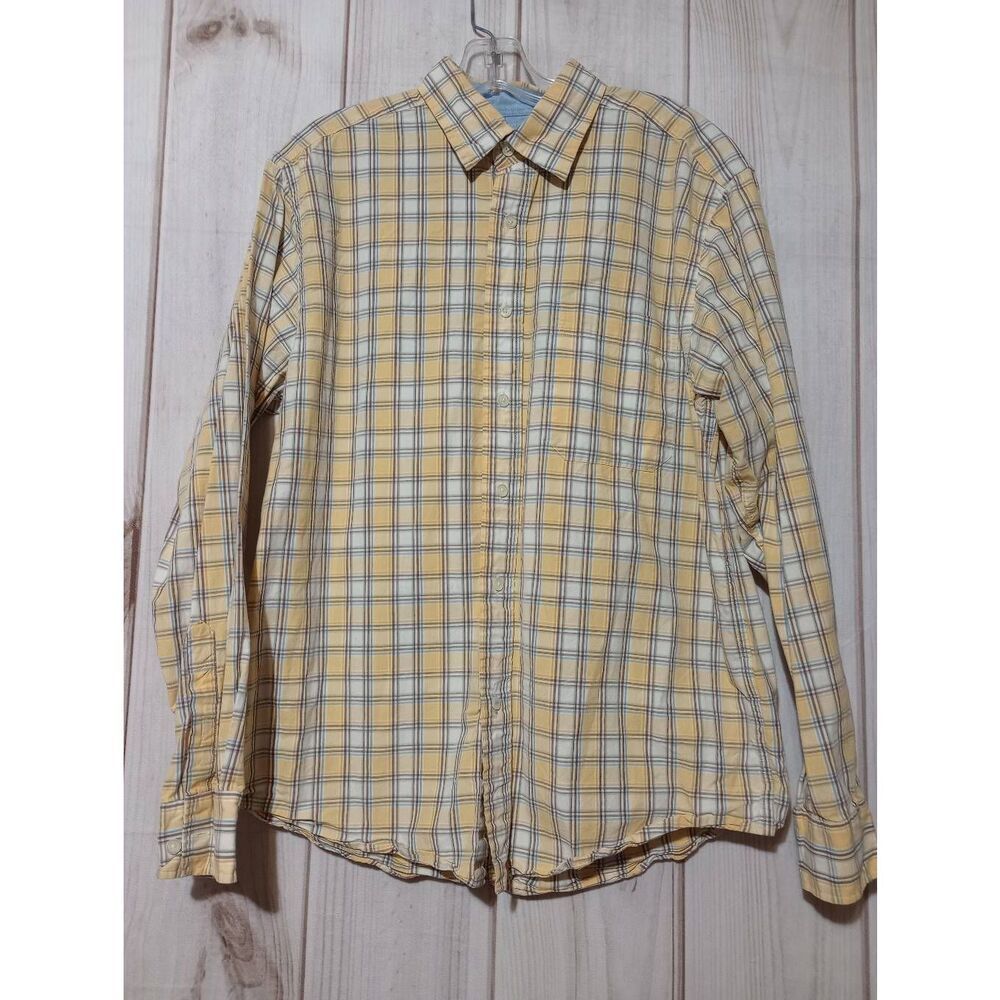 Eddie Bauer Mens Vintage Wash Plaid Button Down Shirt Yellow Blue White Medium